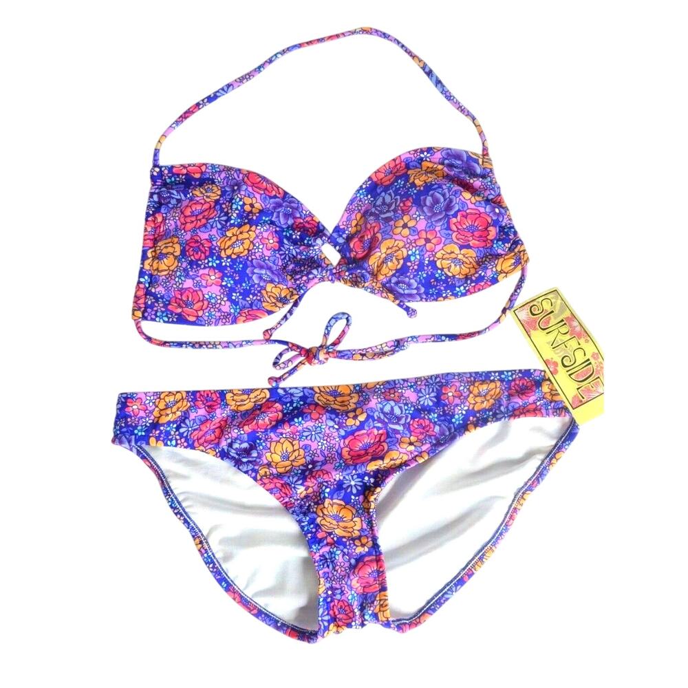 SURFSIDE Ladies Size Large 2 PC Bandeau Style Bikini, Multi-Color Floral NWT